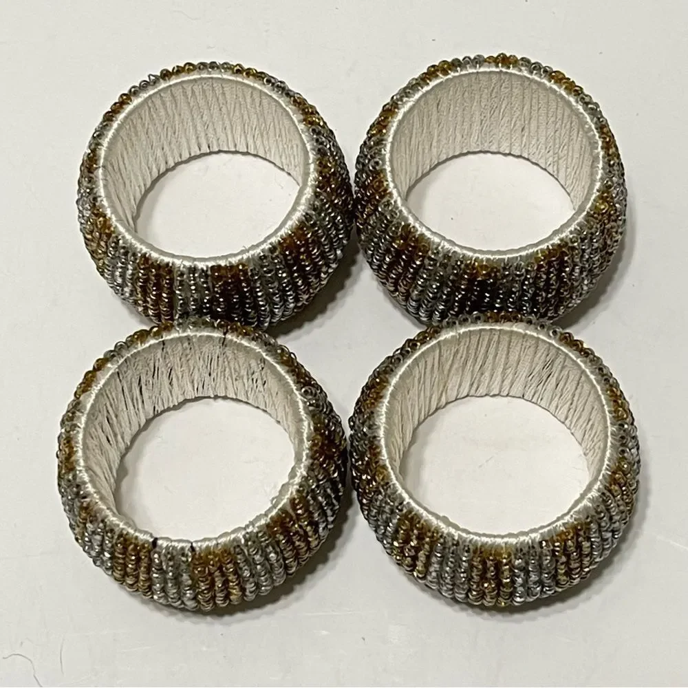 Pier 1 Gold & Silver Seed Beaded Napkin Rings Holiday Party Dining Set of 4